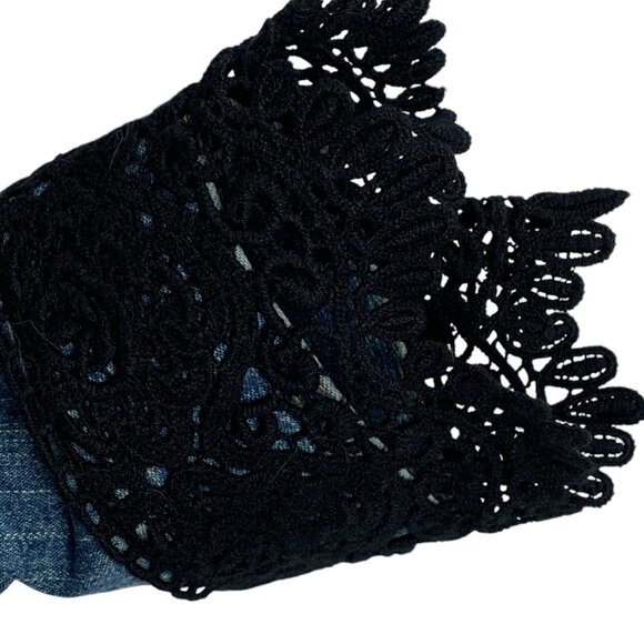 Western Glam Denim Jacket Blazer Black Lace Flower Appliqué Rockstar Boho Chic - Picture 6 of 13